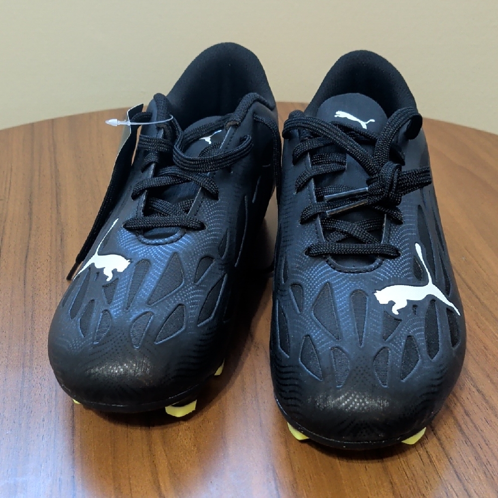 Puma Kids Black Soccer Cleats with White Logo and Yellow Studs Size 6C